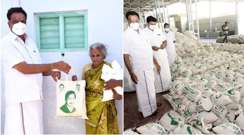 Minister M.R vijaya baskar gives grocery products to karur people