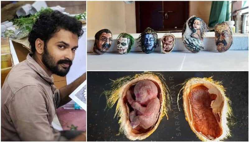 man paints portrait in mango seeds