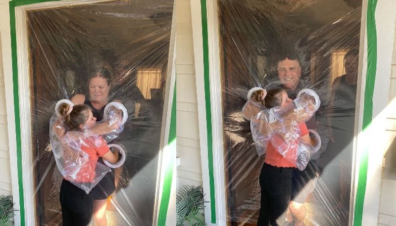 plastic curtain to hug grandparents during coronavirus crisis