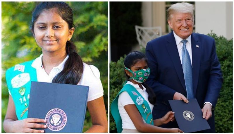 Donald trump felicitate 10 year old Indian girl for donate cookies to corona warriors