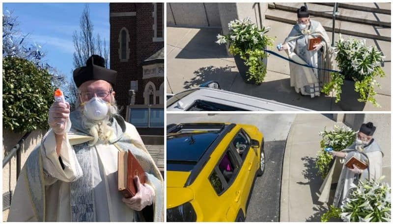 Roman Catholic priest in the Detroit sprays holy water from squirt gun to maintain social distancing