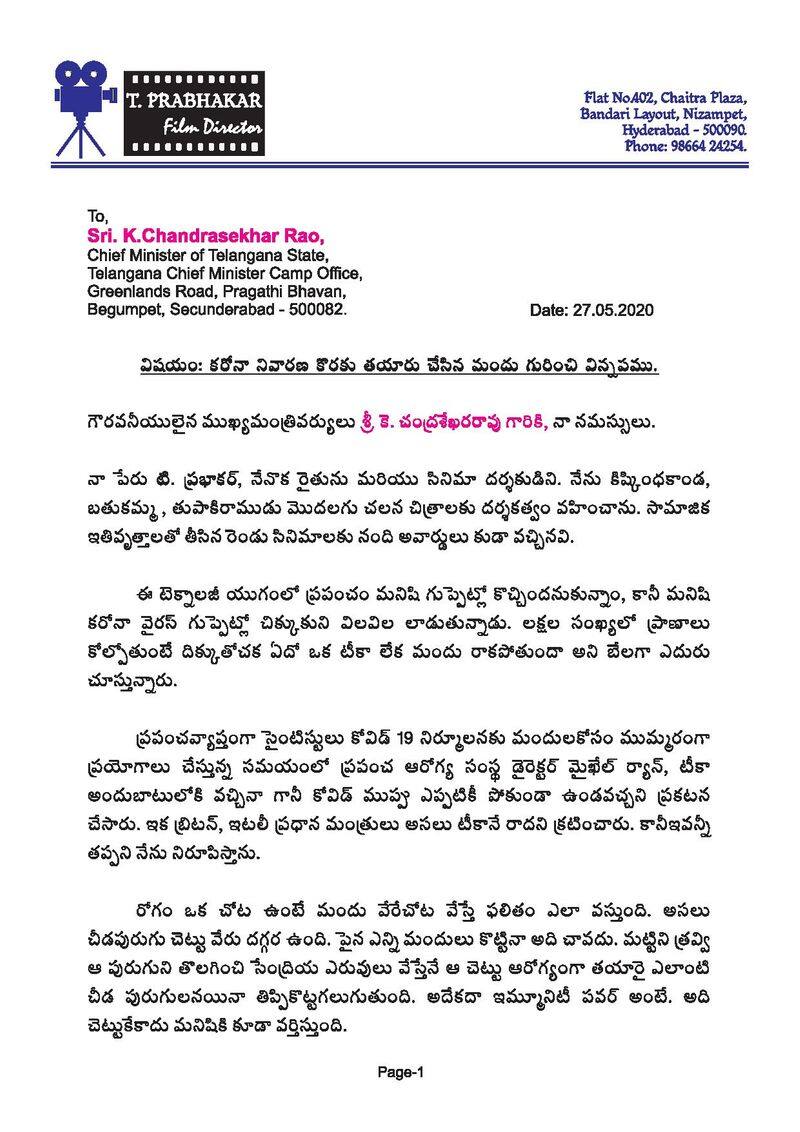 Tollywood director prabhakar writes letter kcr Corona Virus