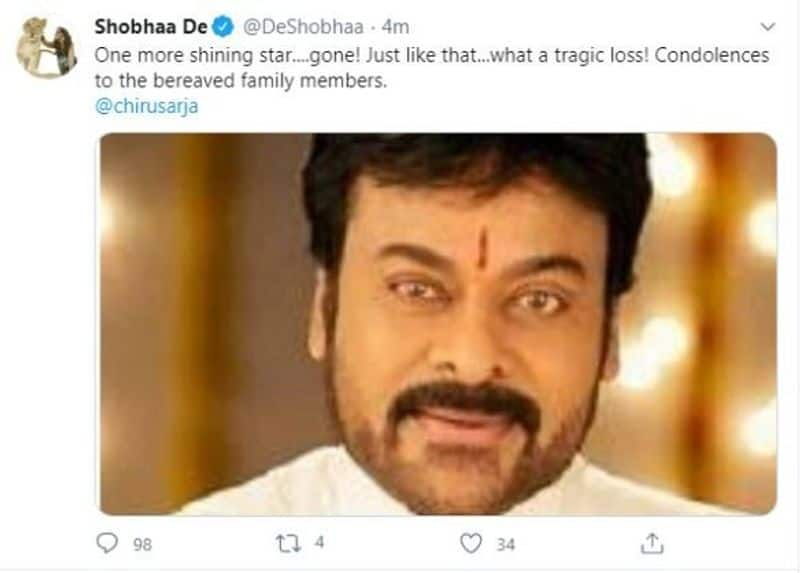 Shobhaa De posts Telugu star Chiranjeevi photo to mourn Chiranjeevi Sarja demise