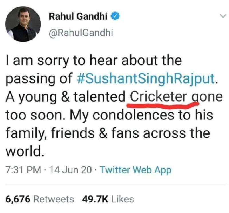 Fact check of viral tweet where rahul gandhi writes sushant singh rajput as cricketer