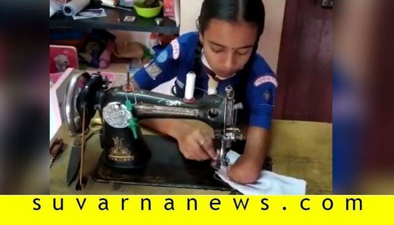 Physically challenged girl stitches mask at home