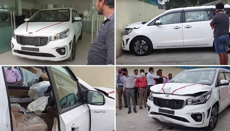 New Kia Carnival car Owner Crashes Into a Wall During Delivery