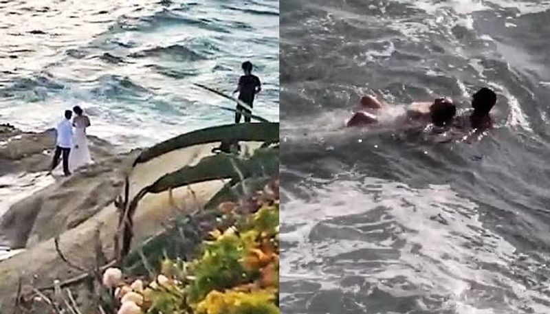 Newlywed couple are rescued off after a huge wave swept them into sea