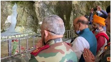 Defence minister Rajnath Singh offers prayers at Amarnath cave shrine