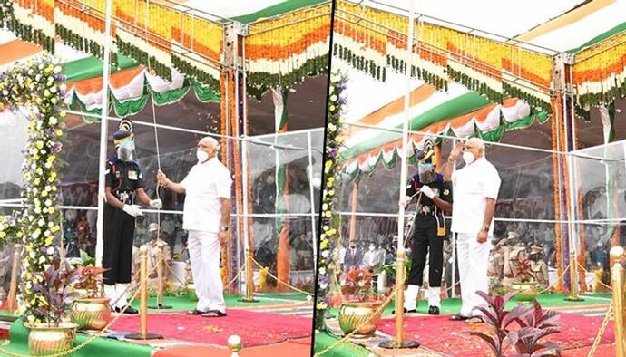 <p>Karnataka chief minister BS Yediyurappa hoisted the national flag at Manekshaw Parade Ground in Bengaluru on the occasion of India’s 74th Independence Day.</p>
