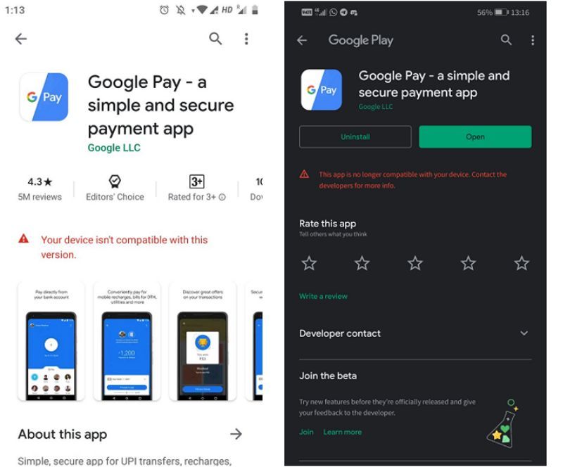 google payapp disappears from google play store for some indian users