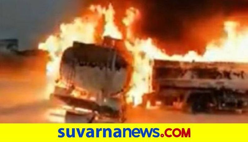 Fire to Truck due to Tyre Blast in Shiggaon in Haveri District