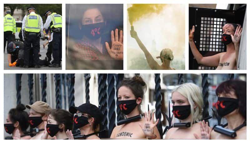 bare chest protest in front of british parliament protest