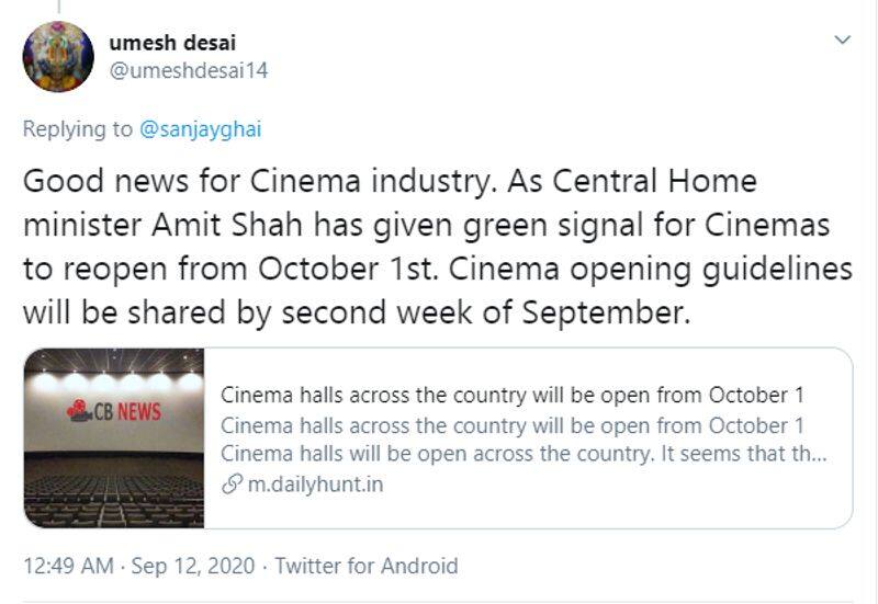 Cinema halls across the country will be open from October 1 is Fake news