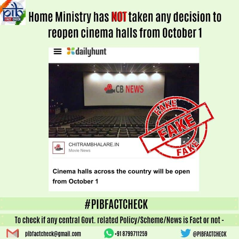 Cinema halls across the country will be open from October 1 is Fake news