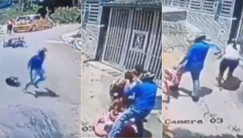 man jumps off bike to save toddler rolling downhill in stroller