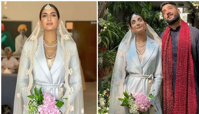 Desi bride wears blue pantsuit and bustier, goes sustainable on wedding day. Internet loves it