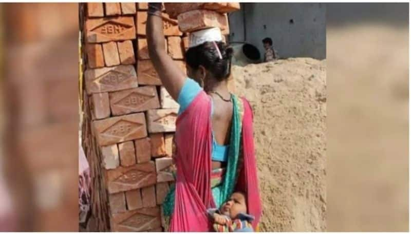 Woman balance bricks on head and child in shoulder sling twitter applauds the mother