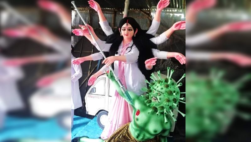 Photos of goddess Durga reimagined as doctor killing coronavirus goes viral on social media-dbr