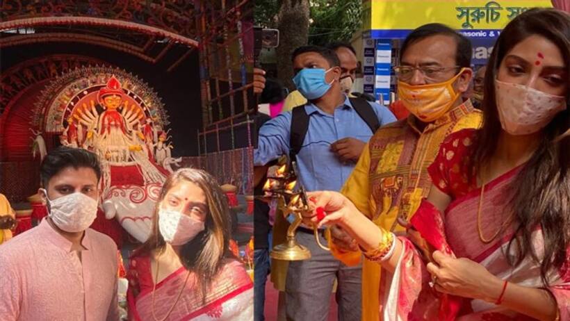 माथे पर बिंदी, लाल-सफेद साड़ी में मां दुर्गा के दर्शन करने पहुंची नुसरत जहां, आरती कर लगवाया तिलक
