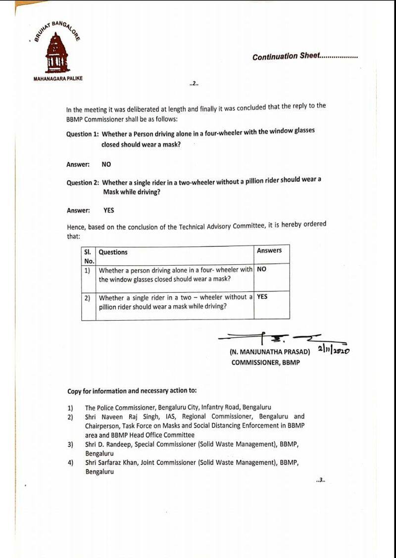 BBMP Mask not mandatory for solo drivers in cars -ymn
