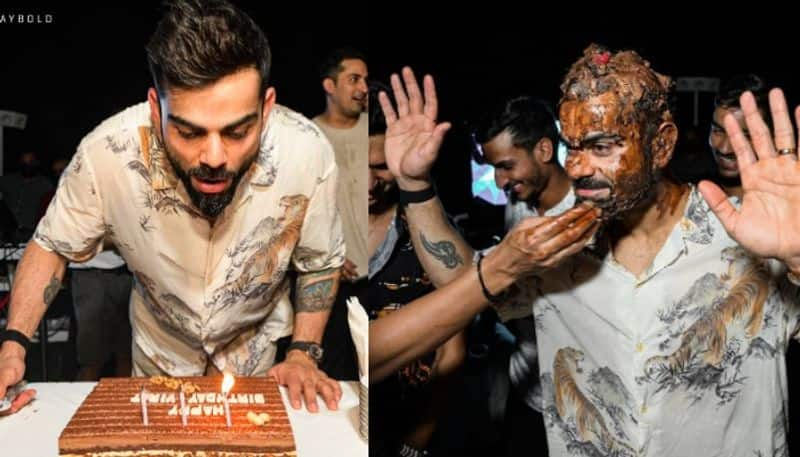 IPL2020 Virat Kohlis birthday party Cricketer cuts cake with Anushka Sharma by his side