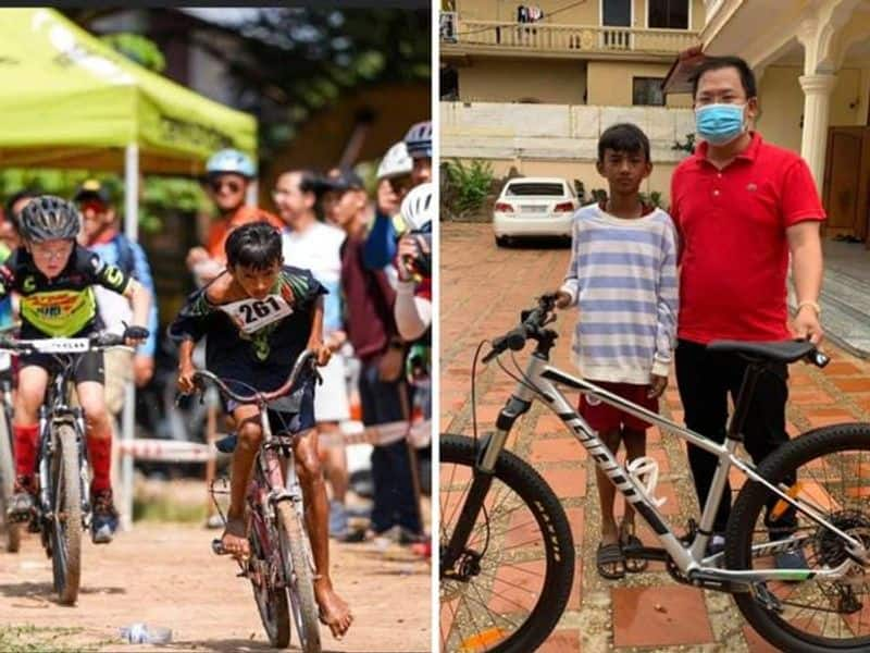 cambodian boy races barefoot with a broken bicycle makes netizens shower sponsorship