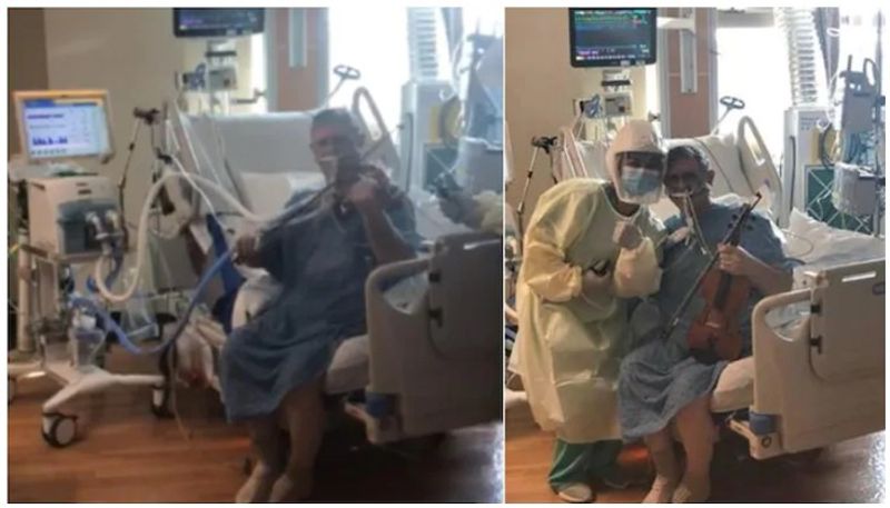 Covid 19 patient plays violin for hospital staff to thank them. Viral video