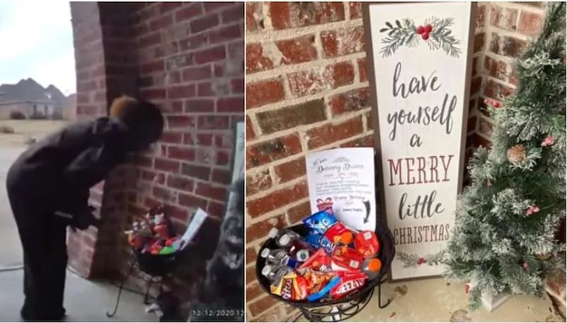 Delivery worker dances with joy after finding snacks on doorstep