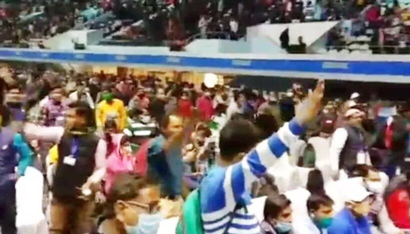 Contractual labourers stage protest at Netaji Indoor Stadium