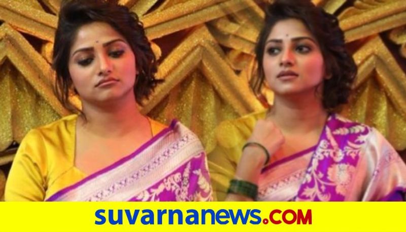 Actress Rachitha ram in purple color saree poses with sad face dpl