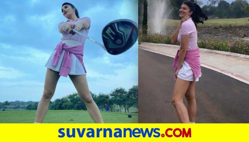 Jacqueline Fernandez plays golf in shivamogga resort vcs