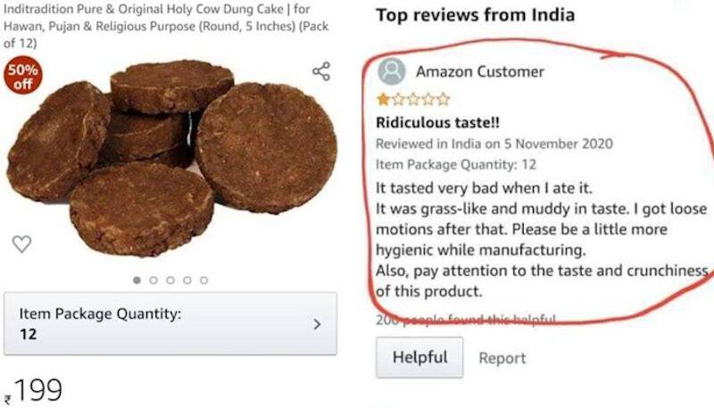 Customer bought 'Cow dung cake' from Amazon; ate and posted a review, calls it's muddy, grass-like-SYT