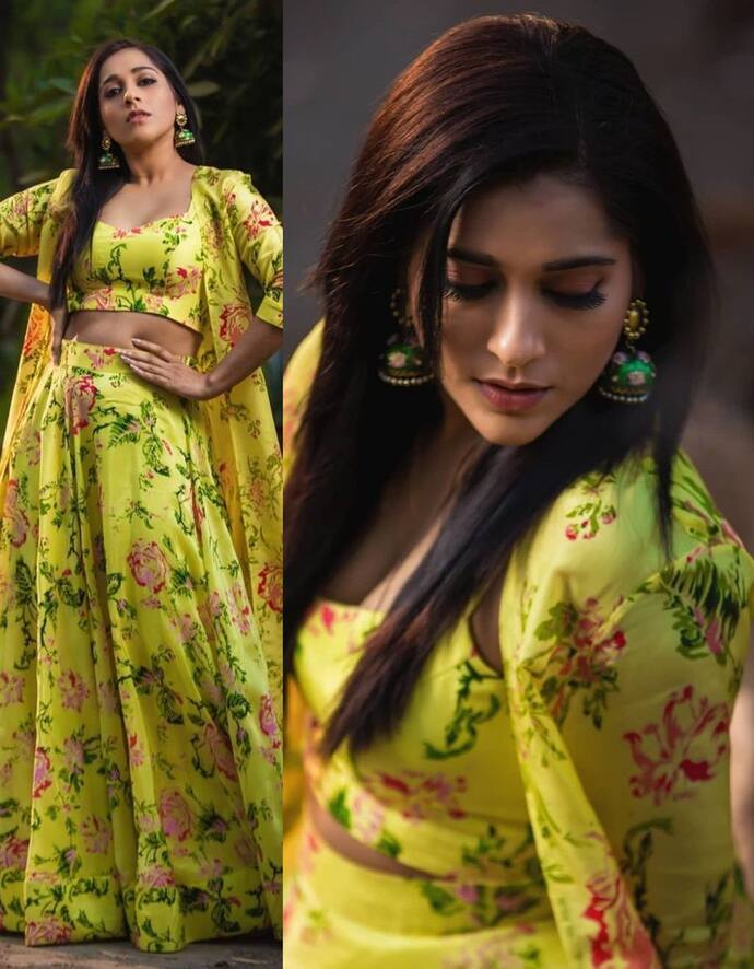 లేటెస్ట్ ఫోటో షూట్ కోసం శారీ టైపు లెహంగాలో ముస్తాబయ్యారు రష్మీ. పసుపచ్చ లెహంగా పై పూల డిజైన్ కలిగిన డ్రెస్ రష్మీ అందాల పరిమళాలు మరింతగా వెదజల్లింది.