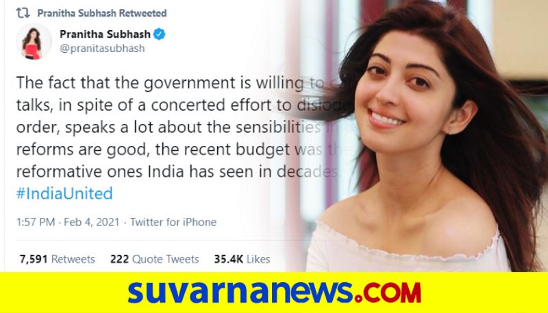 Actress Pranitha Subhash tweets her view on Farmers protest dpl