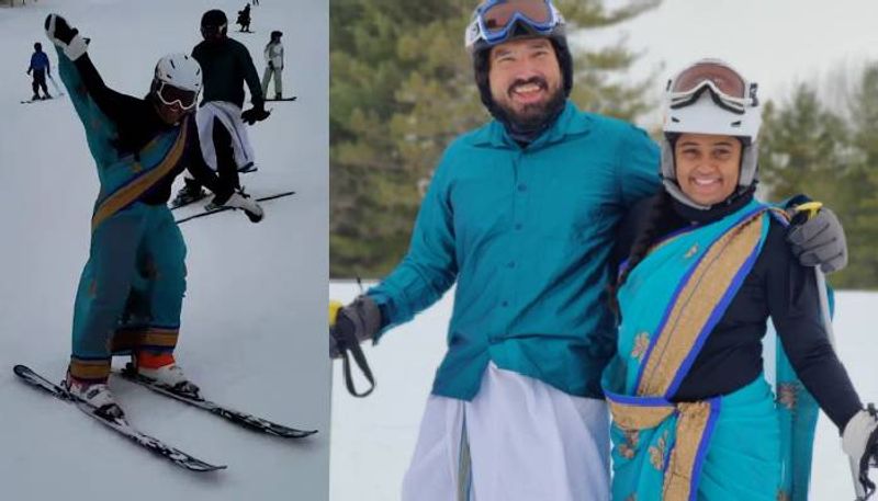 Video of couple skiing in saree and dhoti