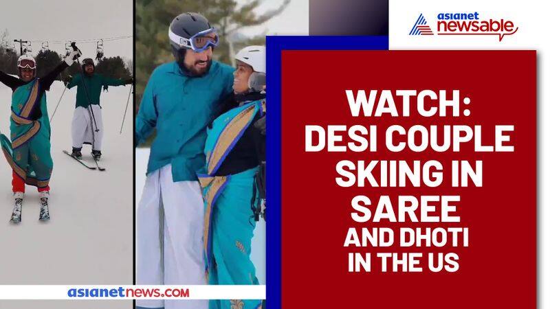 NRI couple skiing in saree and dhoti goes viral on Internet - gps