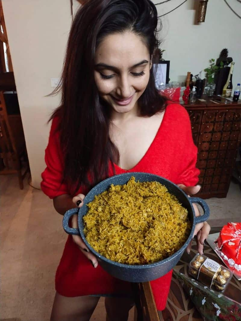 Ragini dwivedi cooks biryani chicken kabab for parents hugs teddy spreads love