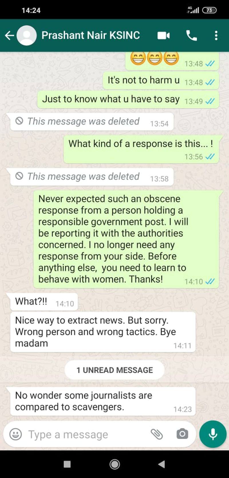 prasanth nair ias whatsapp chat with woman journalist send obscene stickers creates row