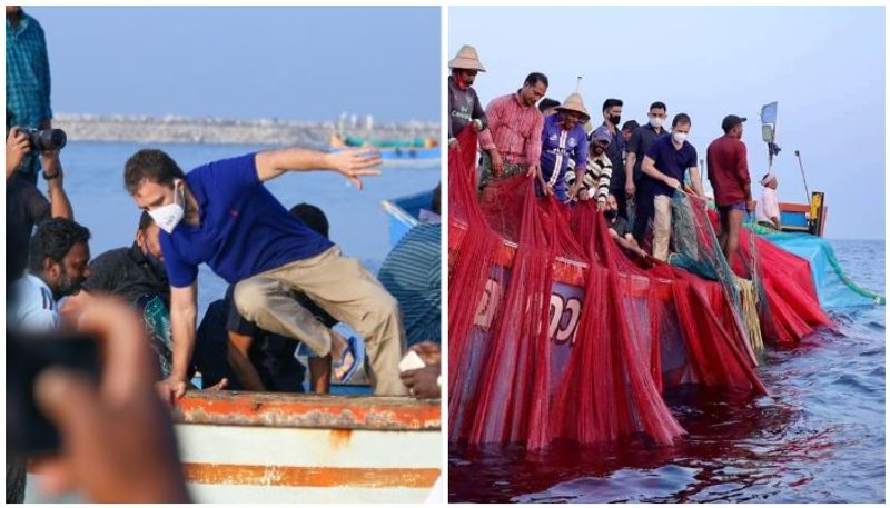 rahul gandhi with kollam fishermen travelling by sea