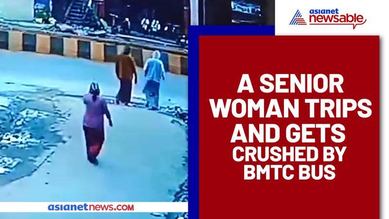 senior woman tripping on pothole comes under BMTC bus, Watch frightening video - ycb