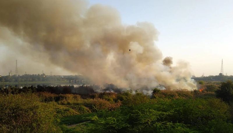 Fire on Bellanadur Lake in Bengaluru  grg