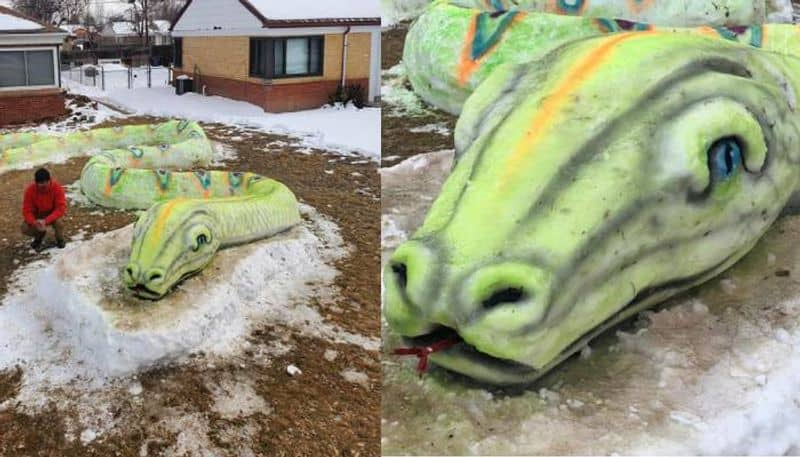 Morn Mosley and family created snake snow sculpture