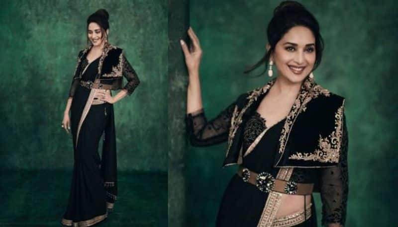 Madhuri dixit Gorgeous Photos in georgette black saree is new holi fashion trend