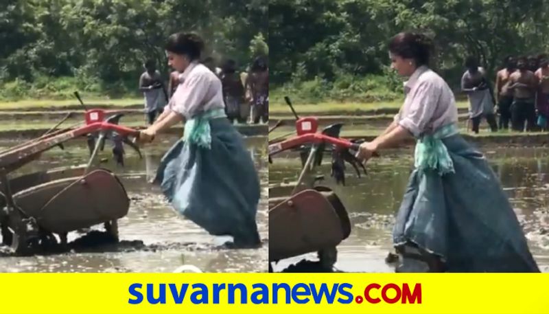 South actress Rashmika Mandanna ploughing with machine watch video dpl