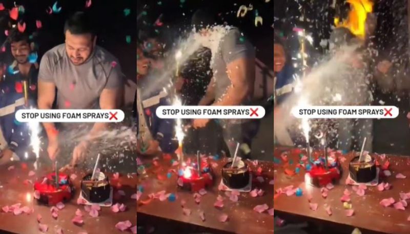 shocking video of fire catches in form spray on face of a youth while birthday party