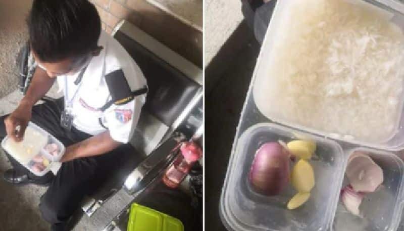 photo in which security guard having rice with onion and garlic