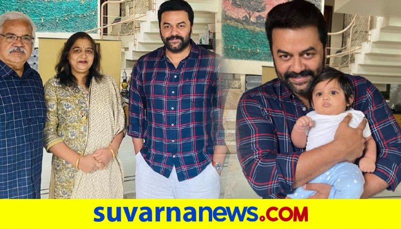 Mollywood Actor Indrajith meets Meghana Raj and Junior Chiru dpl