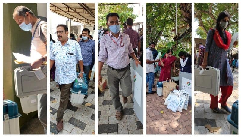 Officials at the polling station with polling materials kerala assembly election