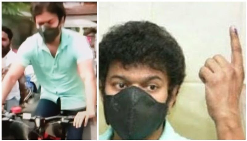 tamil actor vijay comes on cycle to vote protesting petrol price hike