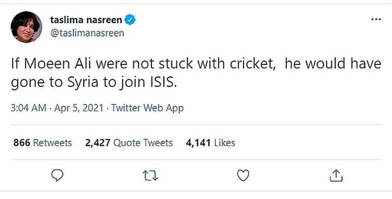 Taslima Nasreen sarcastic tweet against cricketer Moeen Ali backfires-VPN